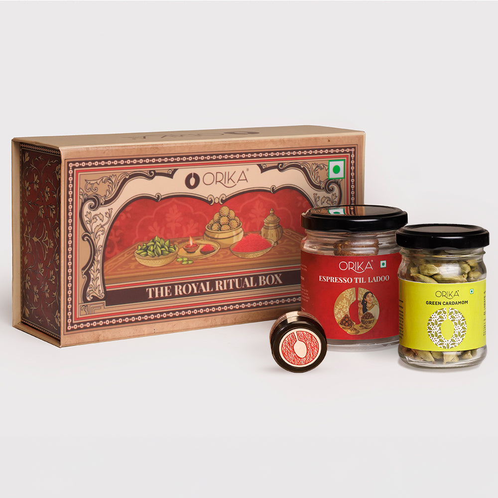 Royal Ritual Gift Box | Kashmiri Pampore Saffron 0.25g, Idukki Bold Green Cardamom 25g & Espresso Till Laddoo